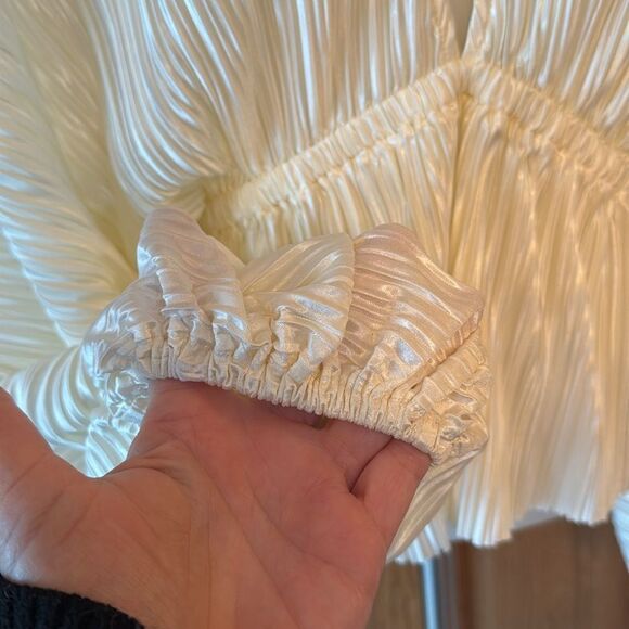 LULUS Radiant Flirt Ivory Satin Plisse Long Sleeve Top - Picture 7 of 12